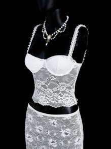 SHEIN ICON Ensemble chemisier et jupe transparents en dentelle sexy pour femmes, blanc