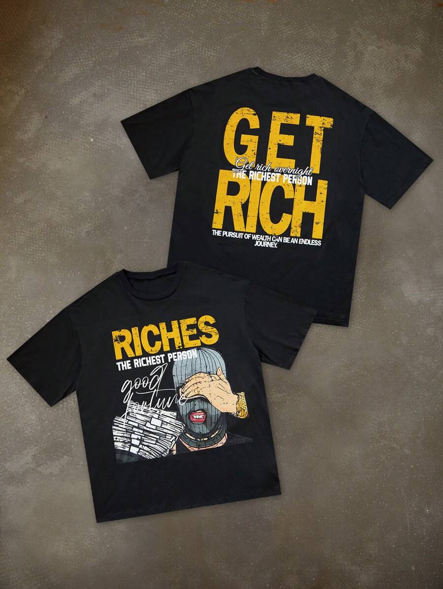 Manfinity EMRG Best - Selling On INS! This Men's Black T - Shirt Is In A Young Street Style. There Are Eye - Catching Patterns And Words On It. "RICHES" Is Written In Orange - Yellow Letters Right At The Top, And "THE RICHEST PERSON" Is In White Letters Below. In The Pattern Part, There Is A Figure Wearing A Gray Hat, Covering His Face With His Hand, And There Are Also Elements Of Stacked Banknotes Nearby. The Overall Style Is  Full Of Personality.Men's Slogan Print Round Neck Short Sleeve Casual T-Shirt - Black - View 1