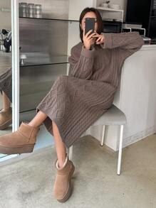 DAZY 女士纯色圆领长袖简约休闲长款针织毛衣连衣裙，秋季女装 - 灰色 - 查看 3