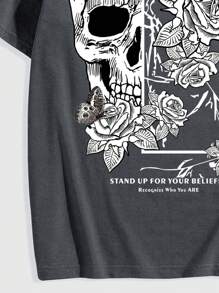 ROMWE MEN Goth 男士圆领短袖骷髅印花休闲 T 恤 - 灰色 - 查看 3