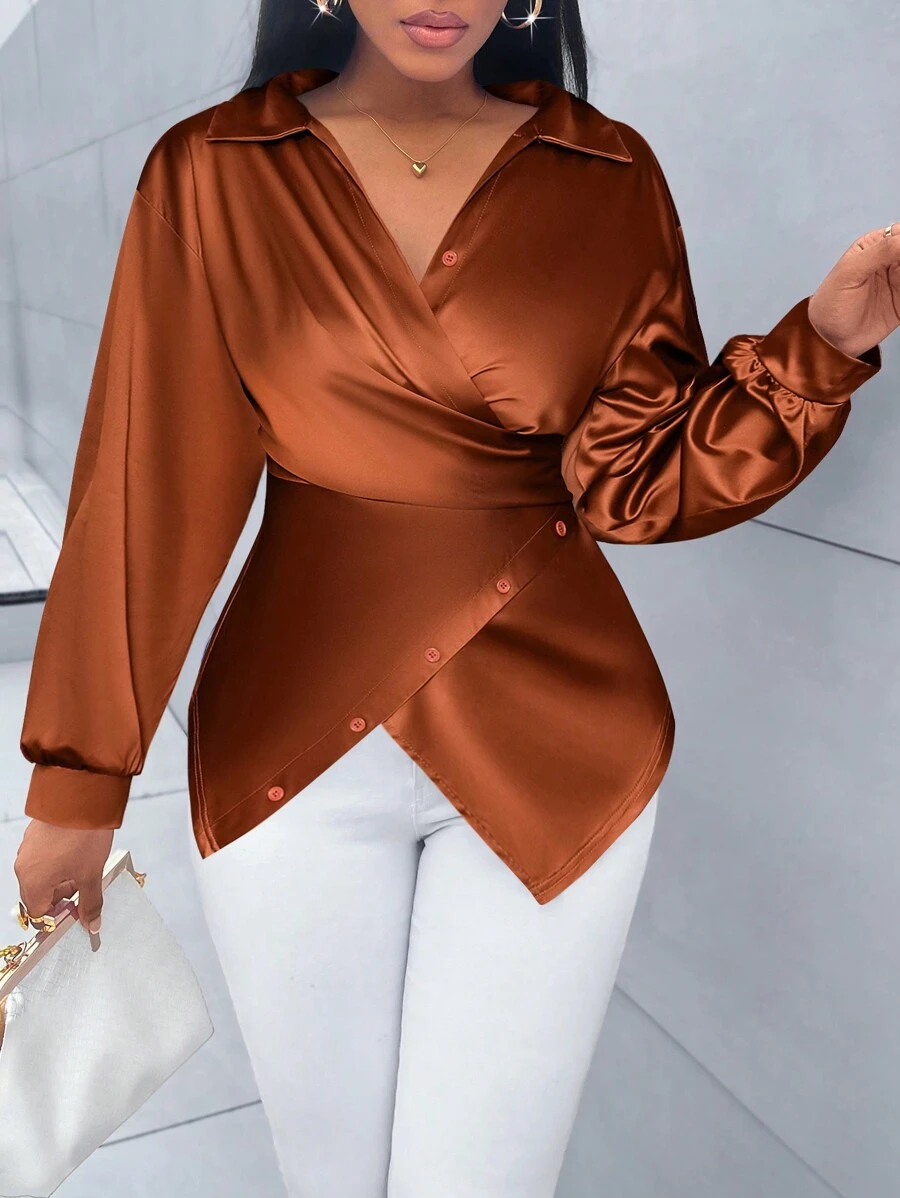 SOLERSUN “2024 年新款秋冬女式衬衫、新年、情人节、促销、派对、家庭、外出、工作、性感、紧身、正式、西式、休闲、老款风格、商务、秋季、春季、冬季、教师、衬衫、女士、长袖、粉色，” - 棕色 - 查看 1