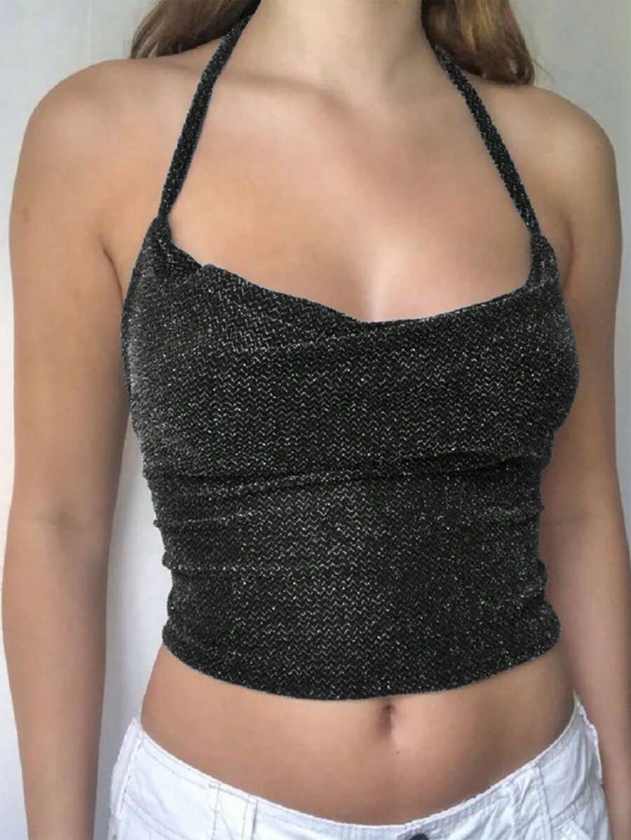 SHEIN EZwear Áo crop top không tay xếp ly cổ tròn màu trơn dành cho nữ - màu đen - Xem 1