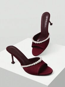 MOTF PREMIUM WOMEN'S FASHION FAUX PEARL BEADED HIGH HEEL SANDALS, SPRING SHOES, SPRING BREAK EASTER PROM HEELS - Burgundy - View 4