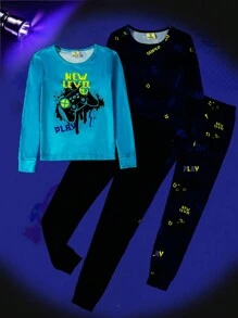 Tween Boy 2 件套休闲夜光游戏控制器图案针织圆领长袖上衣和裤子贴身家居服套装 - 彩色 - 查看 1