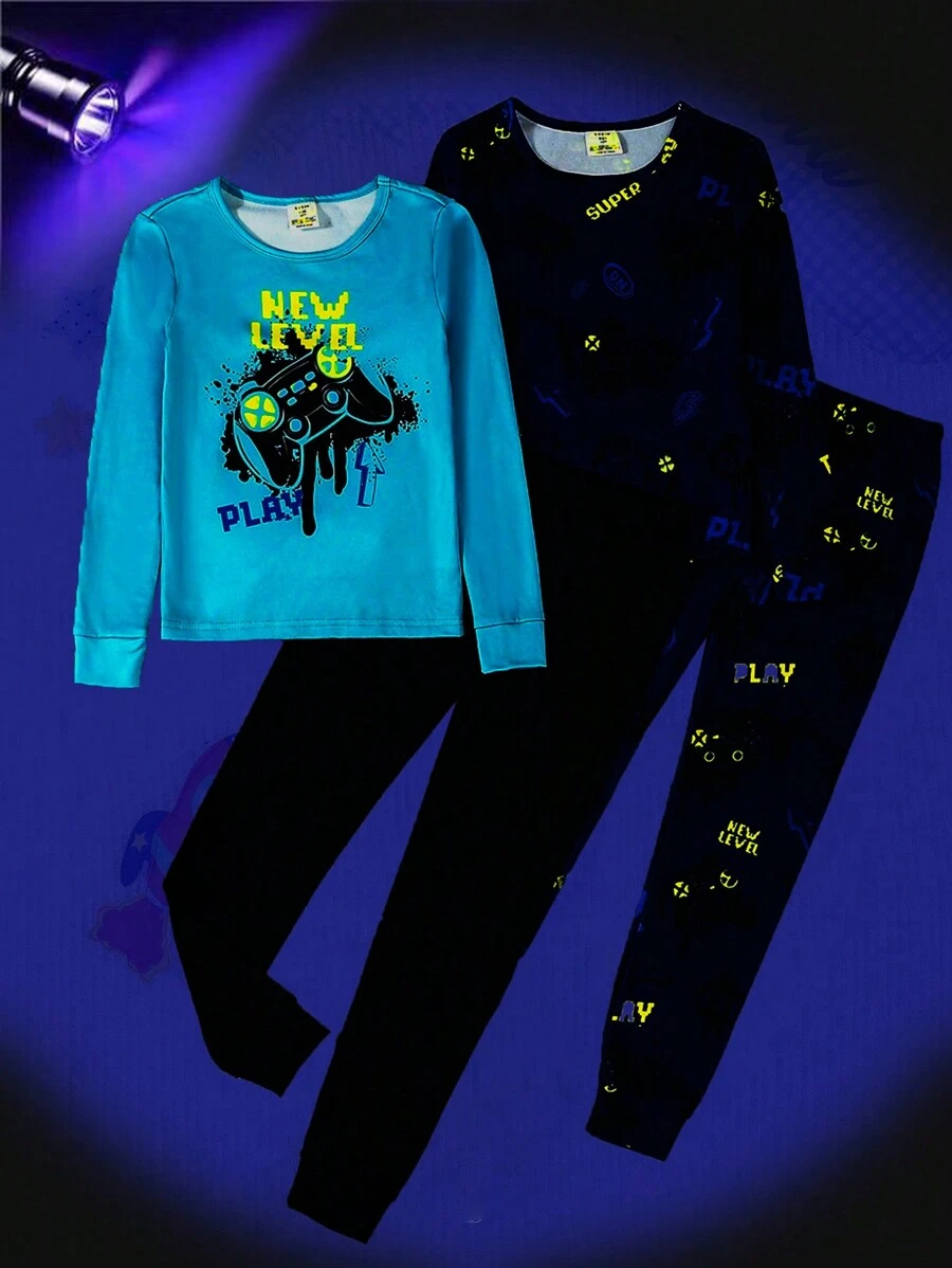 Tween Boy 2 件套休闲夜光游戏控制器图案针织圆领长袖上衣和裤子贴身家居服套装 - 彩色 - 查看 1