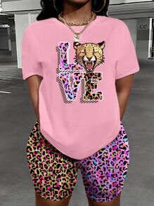 Maweii 2 piezas Conjunto de pantalones cortos de mujer de talla grande con estampado de leopardo con corazón con forma de garra "LOVE" y letra tigre