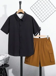SHEIN Teen Boy Letter Pattern Pocket Shirt & Cargo Shorts Set - Black - View 8