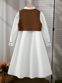 SHEIN Conjunto de 2 piezas: Vestido blanco suelto y elegante de manga larga, cintura ceñida, estilo coreano para niña preadolescente, vestidos a juego para uso diario y como conjunto para hermanos (se venden por separado 2 piezas) - Multicolor - Ver 2