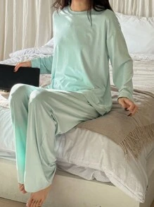 DAZY 2pcs Loose, Soft & Comfortable Solid Color Women Pajamas Set, Home Wear - Mint Green - View 1