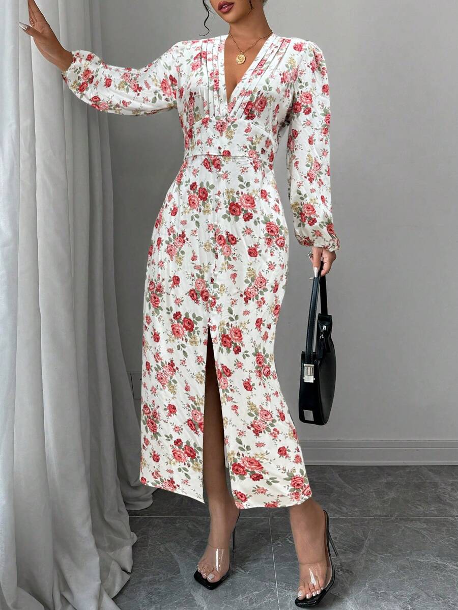 SHEIN Unity 纽扣装饰前拉链长袖深 V 领花卉印花连衣裙 - 白色 - 查看 1