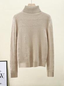 Franclia Nuevo suéter de cuello alto tejido de ajuste delgado y minimalista para mujer, otoño/invierno - Caqui - Ver 2