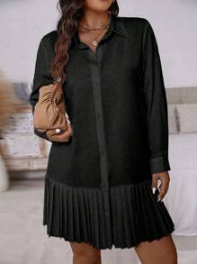 SHEIN Clasi Plus Size Front Buttoned Long Sleeve Pleated Minimalist Casual Short Dress