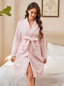SHEIN Bata de dormir de manga larga con cinturón de amarre, estilo minimalista en color rosa sólido, para mujer