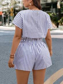 SHEIN LUNE 2pcs Women Casual Blue & White Striped Commuter Outfit Two Pieces Summer Set Summer Set Two Pieces Set Women Summer Boho Old Money Cotton