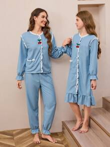 SHEIN Girls Embroidered Cherries Blue Waffle-Knit Long Sleeve Long Nightgown Sleepwear - Blue - View 1