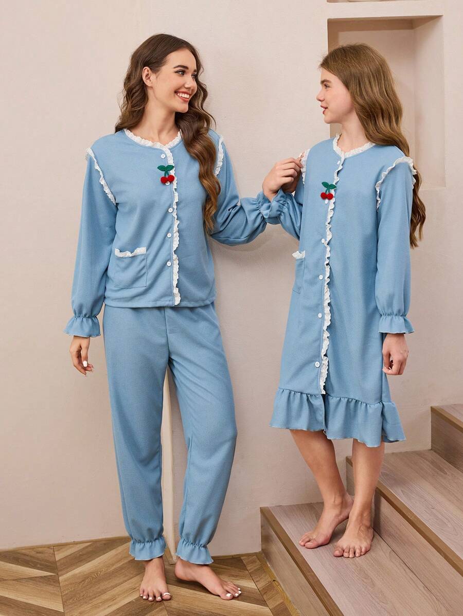 SHEIN Girls Embroidered Cherries Blue Waffle-Knit Long Sleeve Long Nightgown Sleepwear - Blue - View 1