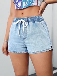 SHEIN Tall 女士松紧腰身牛仔短裤，蓝色 - 淺色水洗藍 - 查看 3