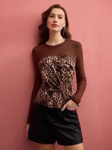 MOTF PREMIUM CAMISETA ACANALADA CON CONTRASTE DE ESTAMPADO LEOPARDO - Marrón - Ver 9