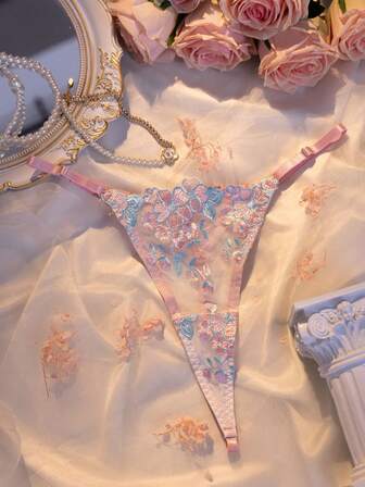 3-delat set: Broderad fjäderdekorerad bygel-bh, strumpebandshållare och stringtrosa för uteservering