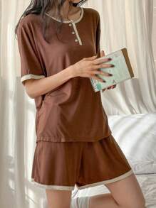 DAZY 2pcs Soft & Comfy Women Sleepwear Set: Short Sleeve Top And Shorts Pajama - Brown - View 3