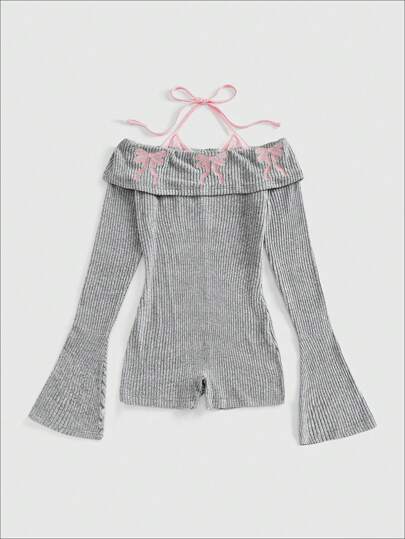 Kawaii Combinaison étroite pour femmes à manches longues décontractées, avec broderie en forme de nœud mignon et épaules dénudées