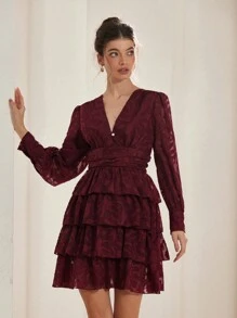 Aveloria Rosie French Romantic Multi-Layer Cake Style A-Line Dress, V Neck Cutout Texture Fabric Spring Waisted Short Sleeve Dress For Ladies Valentine's Day