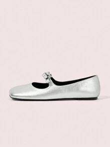 CUCCOO DOLLMOD Women's Cute Minimalist Flat Shoes With Oblique Square Toe, Silver Color, Bowknot Decor Valentine's Day