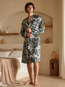 Manfinity ChillVibe Men's Plant Print Long Sleeve Long Casual Robe - Multicolor - View 7