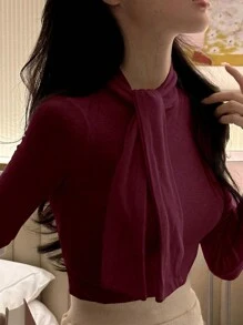 DAZY Áo thun cổ lọ thắt nơ trang trí cho nữ, Quần áo mùa thu, Áo dài tay cho nữ - Màu Đỏ Sâu - Xem 3