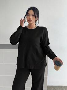 Vibekara 柔软紧身百搭休闲阔腿裤配长袖针织套装 - 黑色 - 查看 4