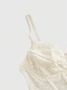 SHEIN Sweetina 蕾丝吊带背心 黑色紧身胸衣上衣 纯色 简约时尚 - 杏色 - 查看 4