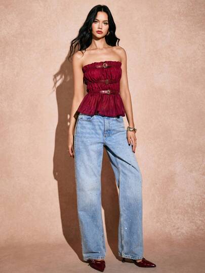 Poéselle Women's Solid Color Bandeau Top, Minimalist Fashion Casual Daily Wear Women Basic Top Holiday Party Women Top Summer Women Top Sexy Valentine's Day Top Festival Clothes Summer Top New Year Eve Burgundy Top Leather Buttoned Top Women Tops Going Out Tops