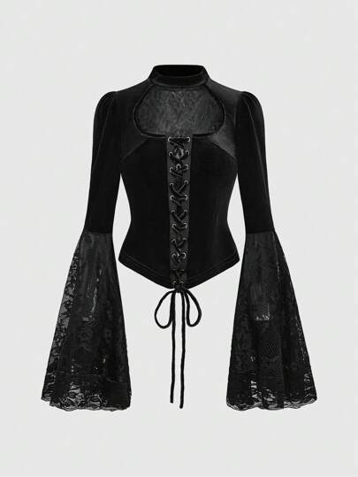 Gothic Palace Style Lace Patchwork Velvet Front Tie Flare Sleeve Blouse