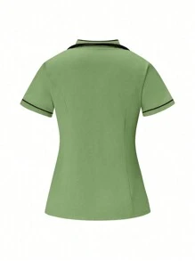 SHEIN TaskFit Set uniforme de 2 piezas con blusa de manga corta con ribete en contraste y pantalón de unicolor, conjunto de uniformes - Verde - Ver 5
