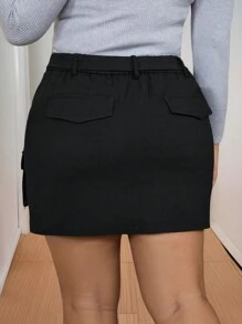 Calvaya Plus Size Women American Casual Utility Pocket Belted Mini Skirt - Black - View 2