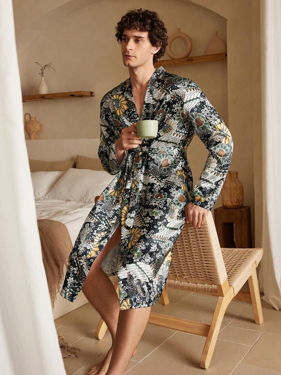 Manfinity ChillVibe Men's Plant Print Long Sleeve Long Casual Robe - Multicolor - View 1