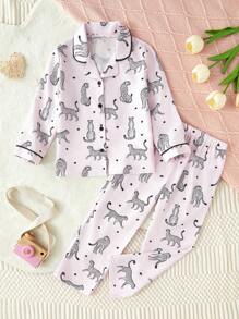 SHEIN 2pcs Girls Pajama Set, Pink Base Color With Leopard Print, Long Sleeve Top And Pants, Casual And Stylish - Pink - View 1