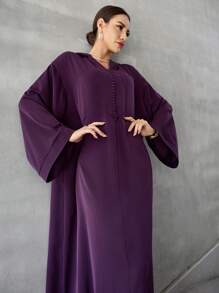 Al Najma 女士纯色喇叭袖连帽宽松阿拉伯长袍连衣裙，阿拉伯连衣裙 - 紫色 - 查看 4
