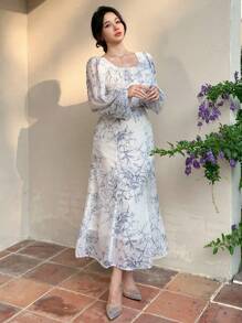 DAZY 两件套女士全印花方领灯笼袖短款衬衫和鱼尾裙套装，荷叶边，秋季女装复活节 - 藍色 - 查看 5