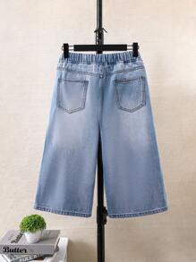 SHEIN Teen Boy Fashion Casual Vintage Drawstring Elastic-Waistband Blue Denim Baggy Cropped Denim Shorts For Boy Soft Dailywear And The Four Seasonsr Teen Boy Clothes