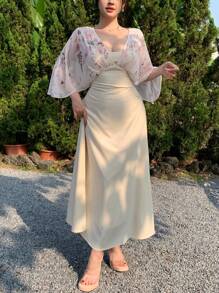 DAZY Women's Elegant Midi Patchwork Dress, Spring/Summer Sundress - Beige - View 5