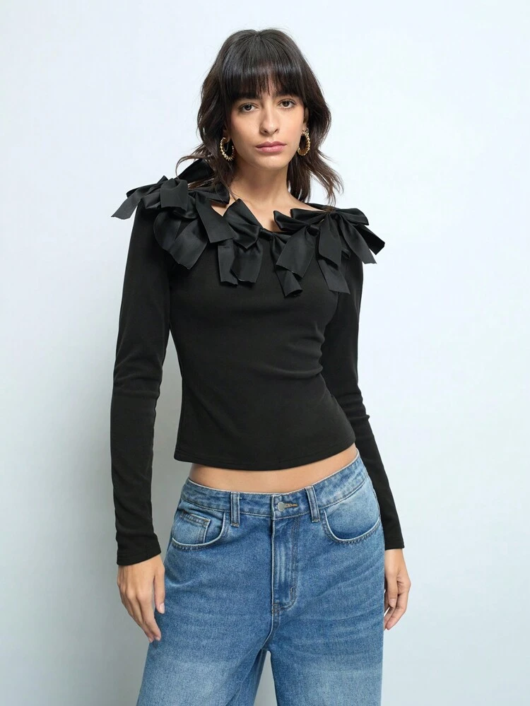SHEIN Maija Black Bow-Knot Floral Collar Decor Long Sleeve Fitted Crop Top, Versatile And Elegant For Spring, Suitable For Valentine's Day & Party Festival