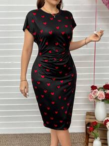 SHEIN LUNE Vestido de manga corta con nudo en la cintura en color negro con diseño de corazón para mujer de talla grande, ideal para el Día de San Valentín, el amor, la primavera y el verano, regalo y atuendo de San Valentín