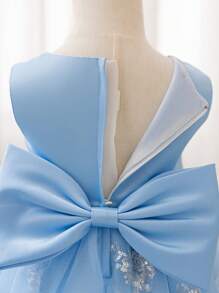 Glamorique Kids 圣诞派对装女婴蓝色亮片网纱薄纱拖尾连衣裙配大缎带蝴蝶结，女婴生日派对，周年纪念礼服 - 淺藍色 - 查看 4