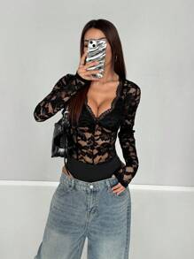 EgrlEra 女士性感 V 领蕾丝边拼接针织露背紧身衣 - 黑色 - 查看 3