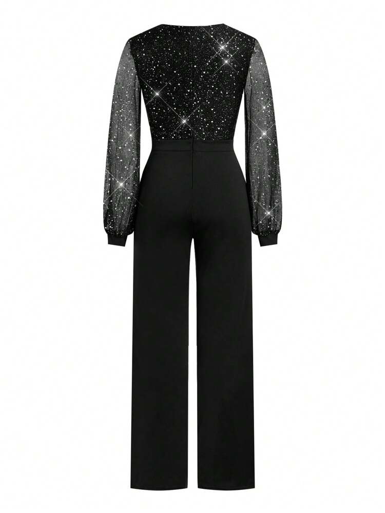 Contrast Mesh Rhinestone Detail Flare Leg Jumpsuit