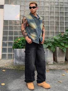 DAZY Men's Plain Black Casual Straight Leg Cargo Jeans, Autumn - Black - View 7