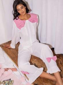 SweetSlumber Conjunto de pijama con cuello Peter Pan, bloques de color y lazo para mujer