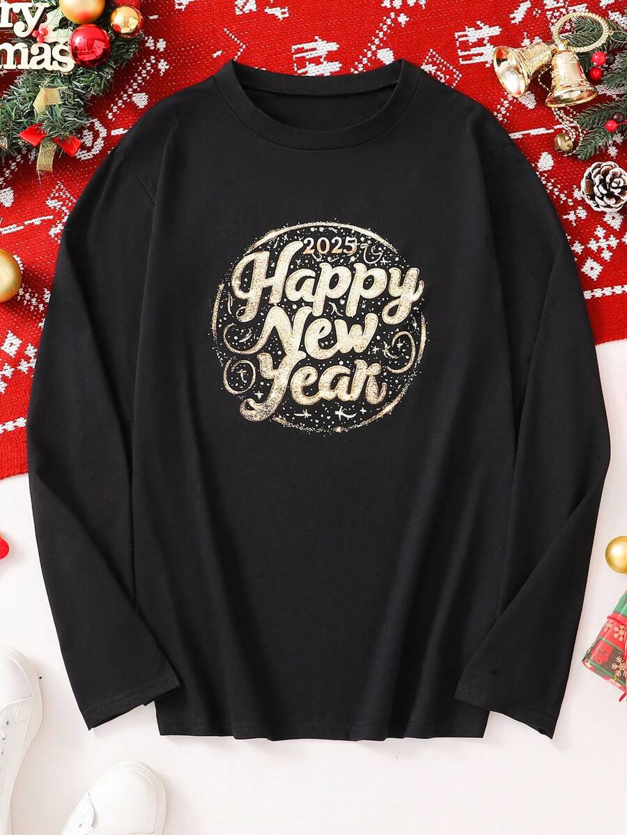 SHEIN Men's Long Sleeve Crew Neck Printed Theme Letter Sweatshirt, New Year Top, For Autumn/Winter, Family Matching Outfits (4 Pieces Sold Separately) - Black - View 1
