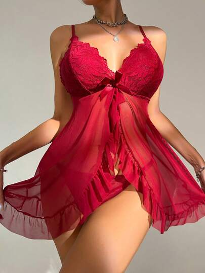 Floral Lace Ruffle Hem Babydoll Sexy Lingerie Dress With Thong, For Christmas